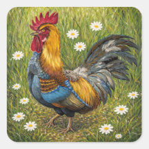 Colorful Rooster in Daisy Meadow – Nature Art Stic