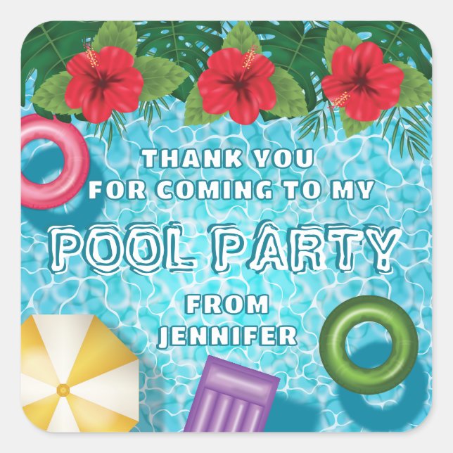 Sticker Carré Colorful Summer Swimming Pool Birthday Thank You (Devant)