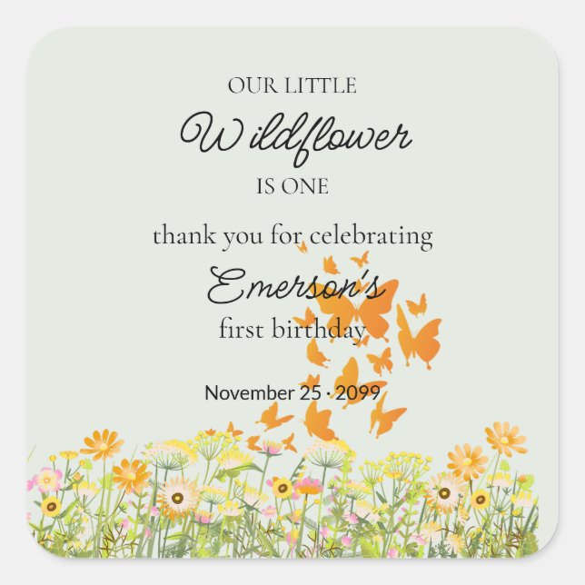 Sticker Carré Colorful Wildflower Butterfly 1st Birthday (Devant)