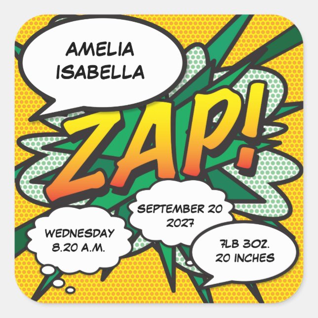 Sticker Carré Comic Book Pop Art Birth Stats Personnalisé (Devant)