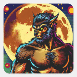 Sticker Carré Comic Book Style Werewolf devant la Pleine lune