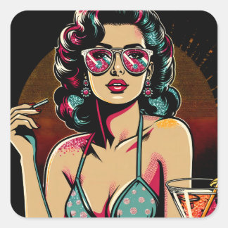 Sticker Carré Comic Retro Pinup Girl avec un Cocktail Anniversai