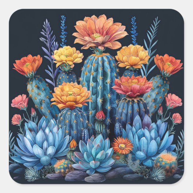 Sticker Carré Composition des cactus à fleurs, succulents (Devant)