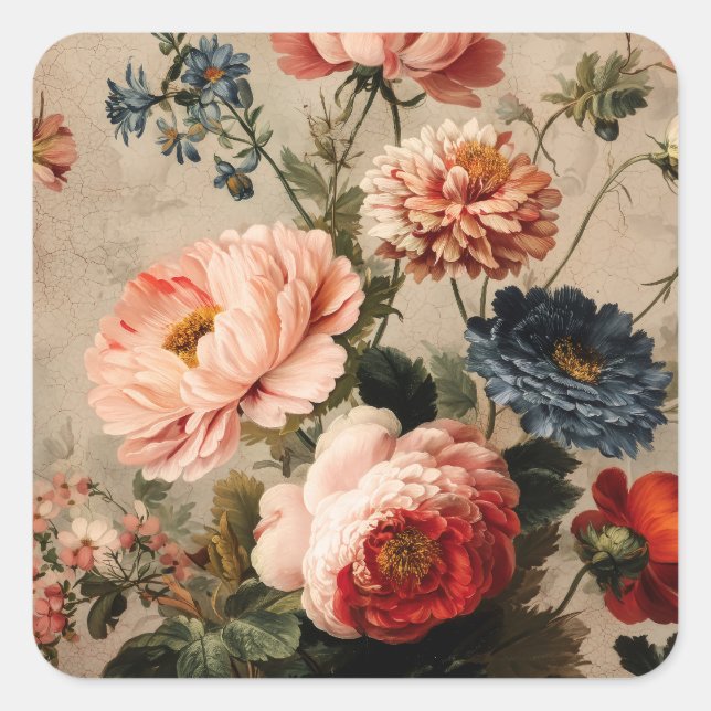 Sticker Carré Composition florale vintage vibrante (Devant)