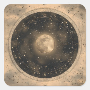 Sticker Carré Conception céleste de Pleine lune Vintage rustique