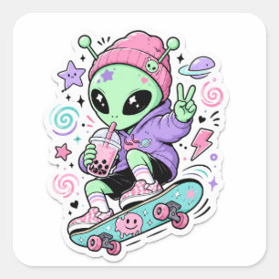 Sticker Carré Conception d'alien skater mignon