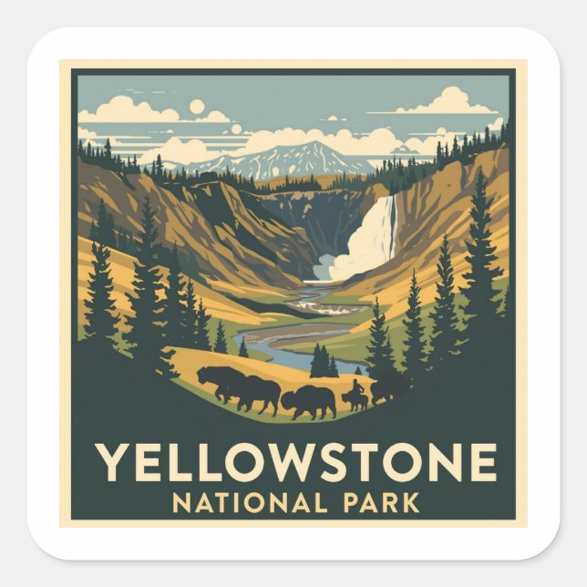 Sticker Carré Conception d'aventure du parc national de Yellowst (Devant)