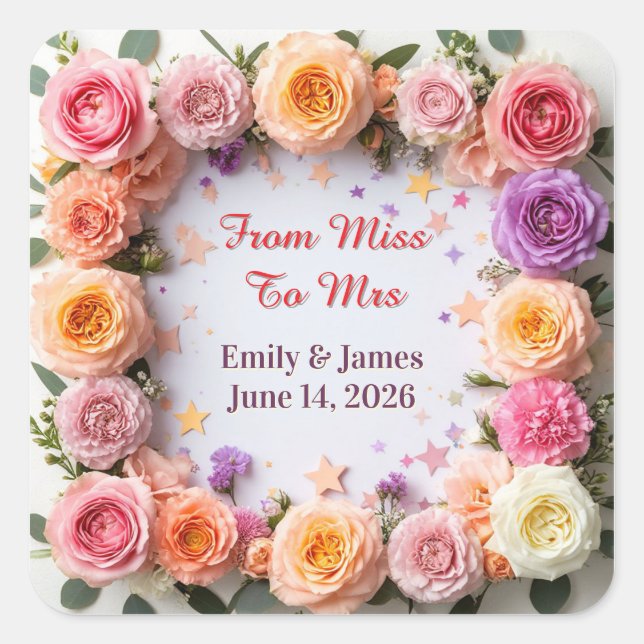 Sticker Carré 🌸 Conception de cadre de mariage floral pastel 🌸 (Devant)
