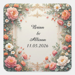 Sticker Carré Conception de cadre floral élégant de mariage