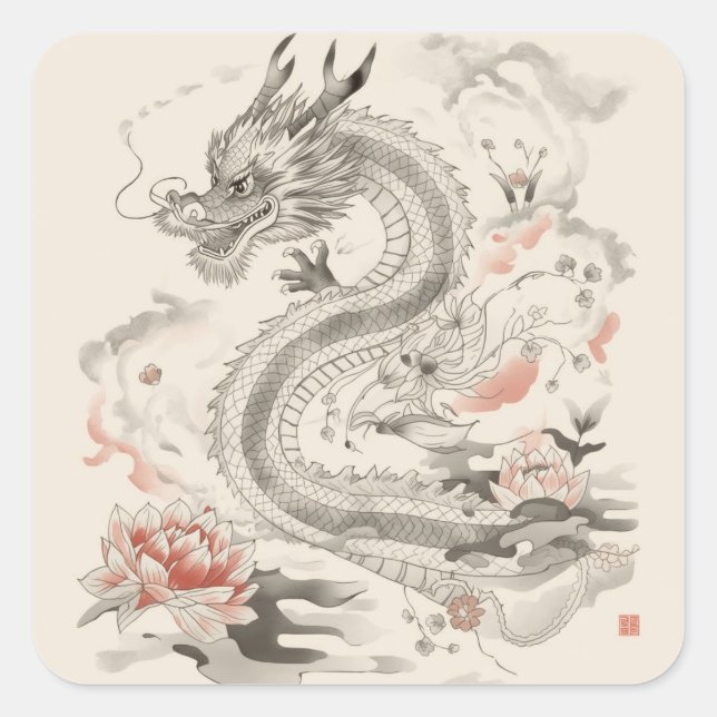 Sticker Carré Conception de dessin de dragon chinois complexe  (Devant)