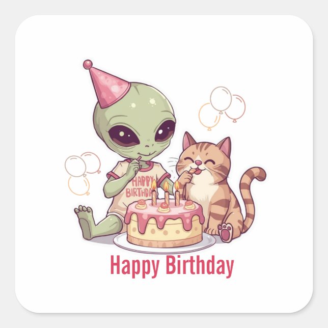 Sticker Carré Conception de fête d'anniversaire d'alien mignon (Devant)