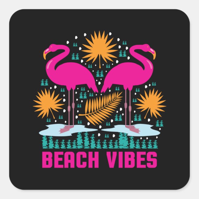 Sticker Carré Conception de flamants roses de vibes de plage (Devant)