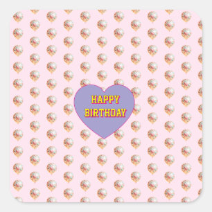 Sticker Carré Conception de Joyeux Anniversaire avec Ballon Cœur