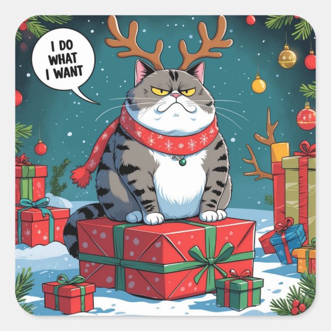 Sticker Carré Conception de Noël de chat grincheux drôle – Gros  (Devant)