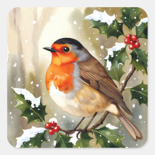 Sticker Carré Conception de Noël Robin aquarelle