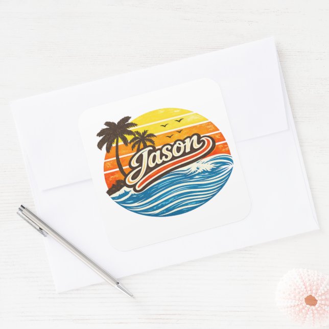 Sticker Carré Conception de nom Jason Retro Sunset (Enveloppe)