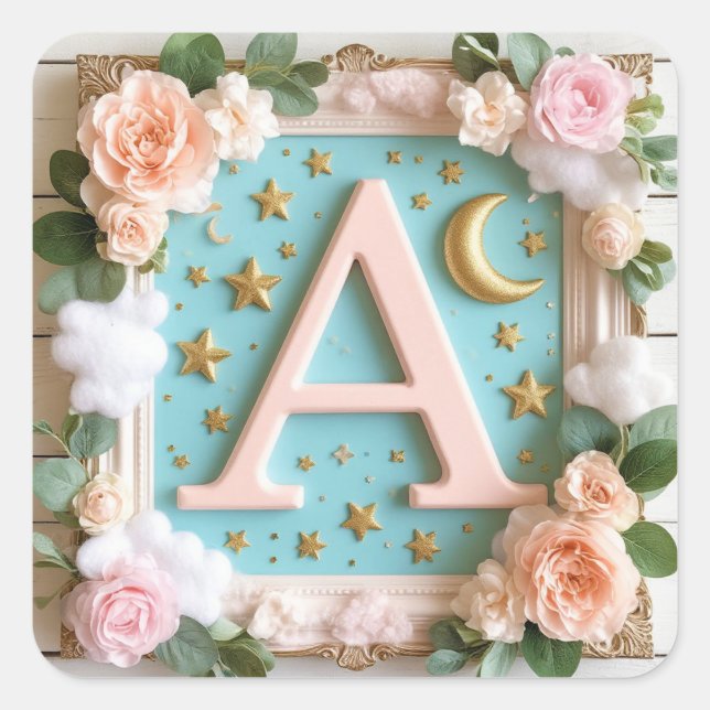Sticker Carré 🌙 Conception de nurserie à monogramme de rêve 🌙 (Devant)