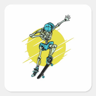 Sticker Carré Conception de patineur squelette drôle de skateboa