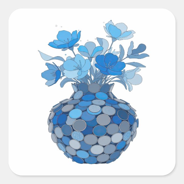 Sticker Carré Conception d'étiquette de VASE FLEURI BLEU frais (Devant)