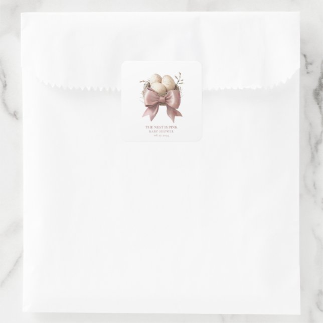 Sticker Carré Conception du Baby shower de nid d'aquarelle rose (Sac)