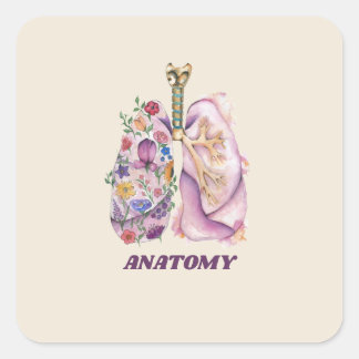 Sticker Carré Conception Médicale Aquarelle d'Anatomie de Poumon