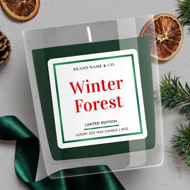 Sticker Carré Conditionnement élégant des bougies de Noël (Minimal Christmas product labels with faux green foil and red typography )