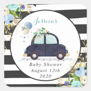 Sticker Carré Conduire Par Baby shower Blue Floral Favoriser Bal