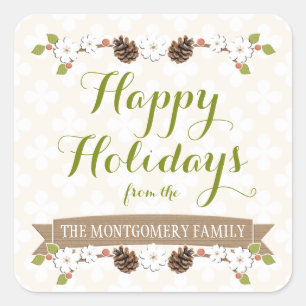 Sticker Carré Cône de pin et laurier à fleurs avec baies