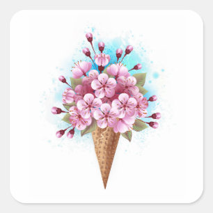 Sticker Carré Cône rose Sakura crème glacée gaufre