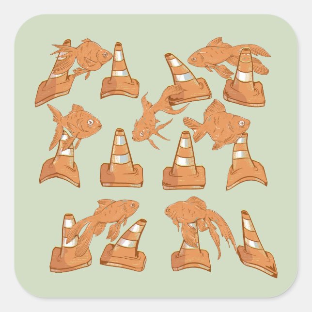 Sticker Carré Cônes de la route et poisson rouge orange (Devant)