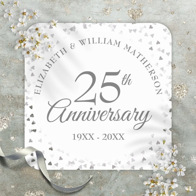 Sticker Carré Confetti du 25e anniversaire du Mariage (25th Wedding Anniversary Silver Hearts Confetti Square Sticker)