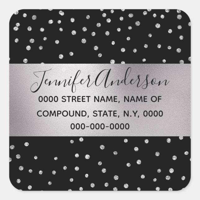 Sticker Carré Confetti en diamant noir argent brillant chic bril (Devant)