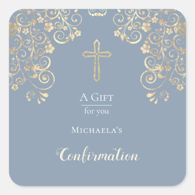 Sticker Carré Confirmation Dusty Blue Gold Swirl Favor (Devant)