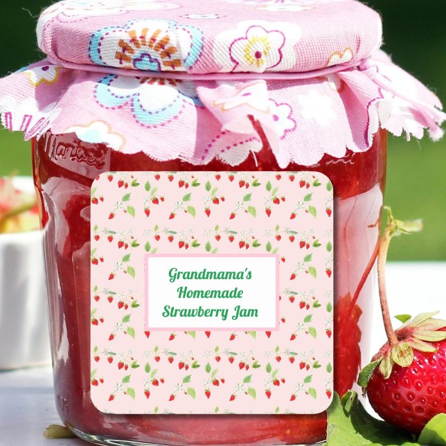 Sticker Carré Confit à motif de fleurs de fraisier personnalisé (Créateur téléchargé)