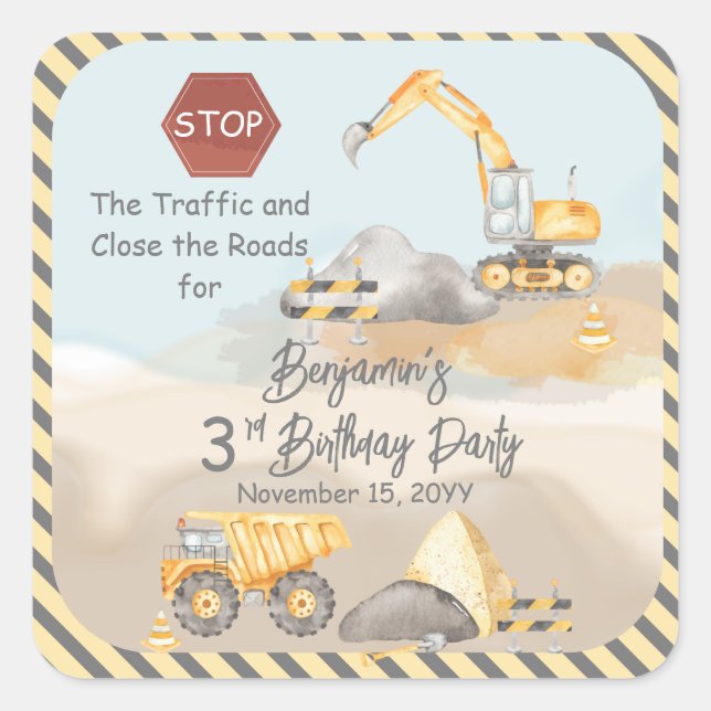 Sticker Carré Construction Dump Truck Boy 3e fête d'anniversaire (Devant)