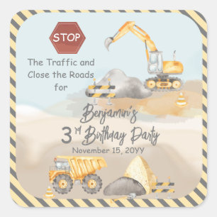 Sticker Carré Construction Dump Truck Boy 3e fête d'anniversaire