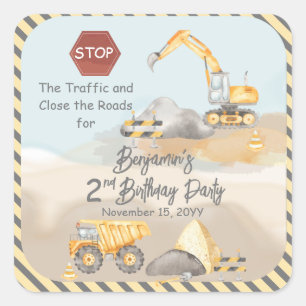 Sticker Carré Construction Dump Truck Boy fête le 2e anniversair