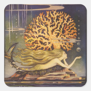 Sticker Carré Conte de fées vintage, petite sirène dans le corai