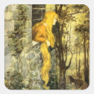 Sticker Carré Conte de fées vintage, Rapunzel avec cheveux longs