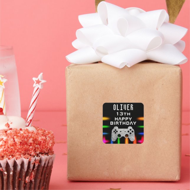 Sticker Carré Contrôleur de jeu vidéo Neon Jeu Anniversaire (Fête)