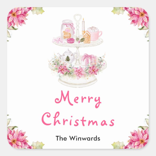 Sticker Carré Cookies de vacances et cacao rose joyeux Noël (Devant)