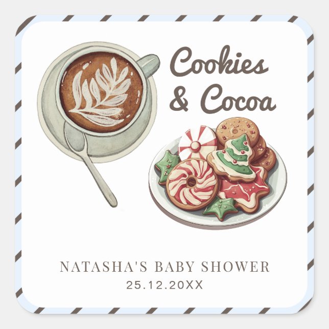 Sticker Carré Cookies et cacao Chaud Baby shower garçon (Devant)