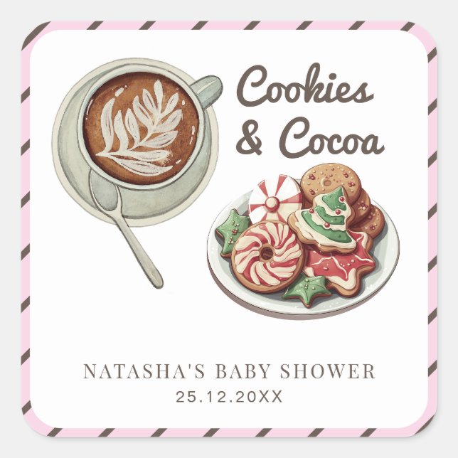 Sticker Carré Cookies et cacao Chaud Pastel Baby shower rose (Devant)