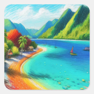 Sticker Carré Cook's Bay, Moorea, Polynésie française Aquarelle