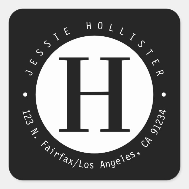 Sticker Carré Cool Black & White Circle Monogramme Adresse de re (Devant)