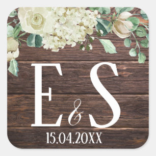 Sticker Carré Cool Bois rustique monogramme mariage date