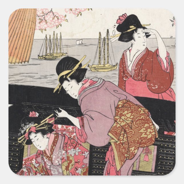 Sticker Carré Cool japonais ukiyo-e trio geisha lady scroll (Devant)