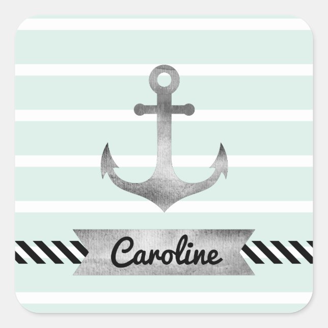 Sticker Carré Cool Nautical Mint Stripes Ancre personnalisée (Devant)