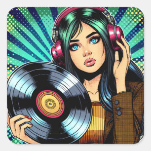 Sticker Carré Cool Pop Art Comic Style Girl avec Album de Vinyl