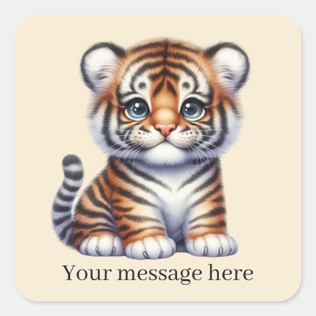 Sticker Carré Cool unisex bébé tiger ajouter un message (Devant)